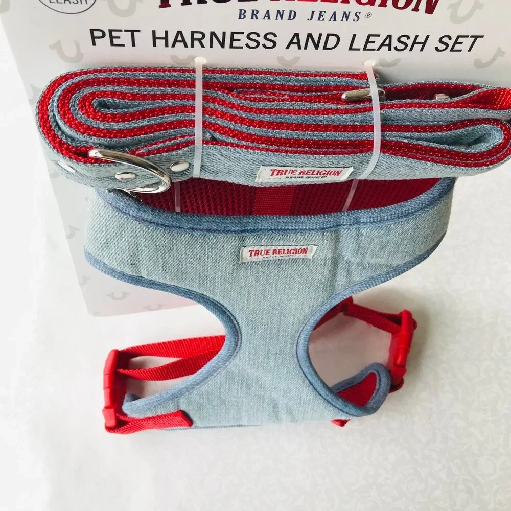 True Religion Pet Harness & Leash Set Light Blue /Red Lined Size : S